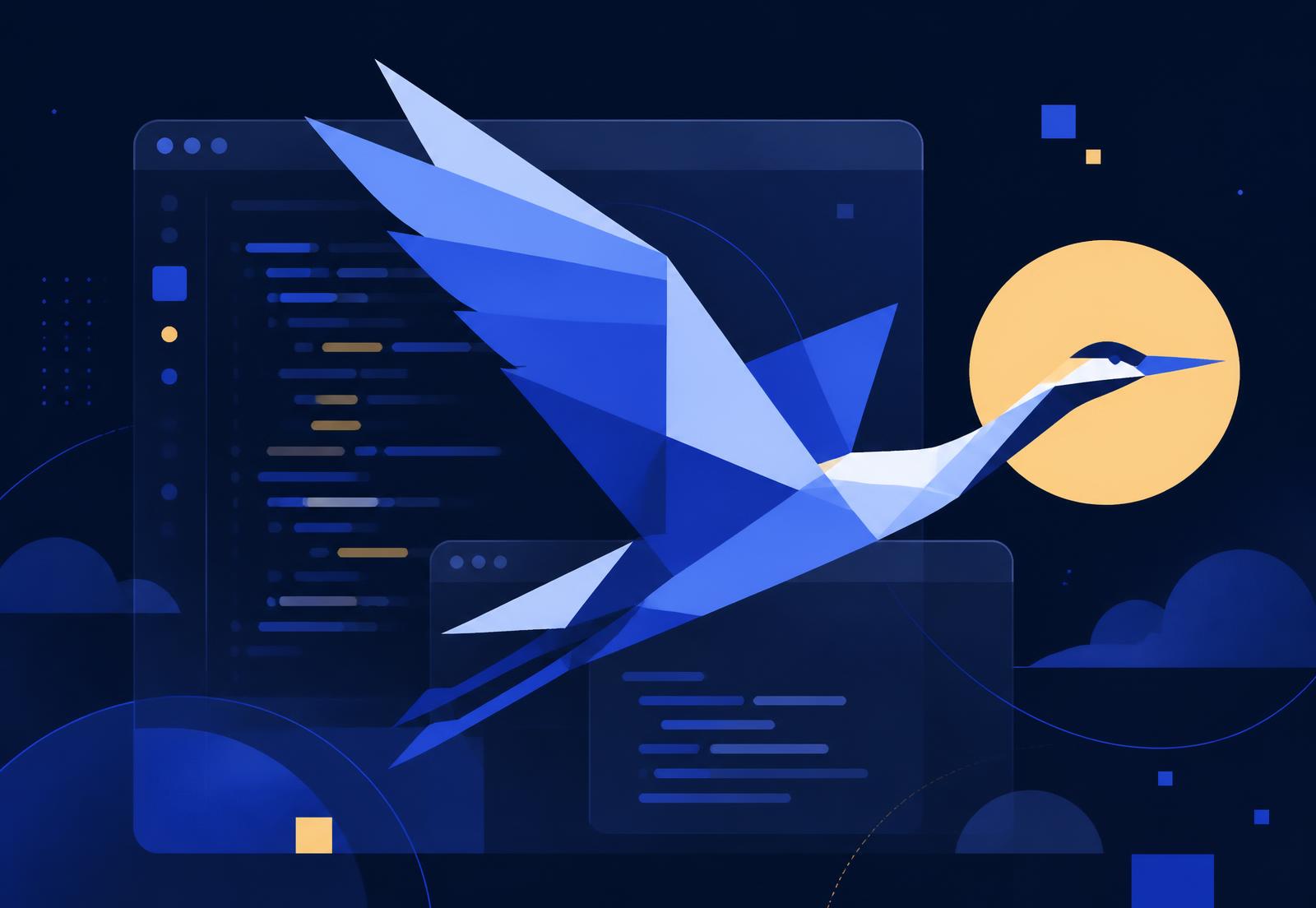 Blue Crane Coding illustration: a geometric blue crane flying past code editor panels